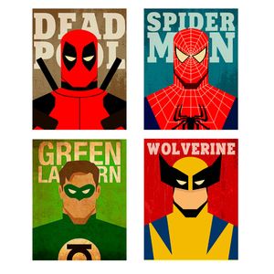 Combo: 4 Retablos Vintage Deadpool, Spider-Man, Wolverine, Green Lantern - Decasa