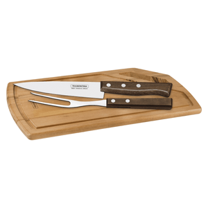 Kit para Asado Tramontina con Láminas de Acero Inoxidable y Mangos de Madera Natural, con Tabla de Madera, 3 piezas.