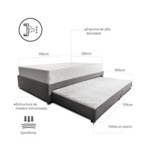 Combo Somier Nido Gris + Colchon Dreamer Plus 100 x 190 cm Dureza Intermedia + almohada