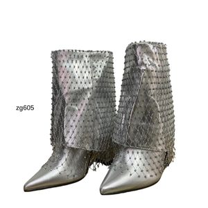 Botin plateado doblez detalle malla apliques brillantes tacon