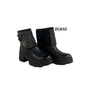 Botin negro doblez apliques plateado tacon