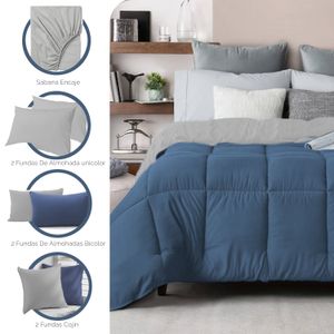 Combo Edredón Cover Bicolor Beige | Gris Claro 8 piezas