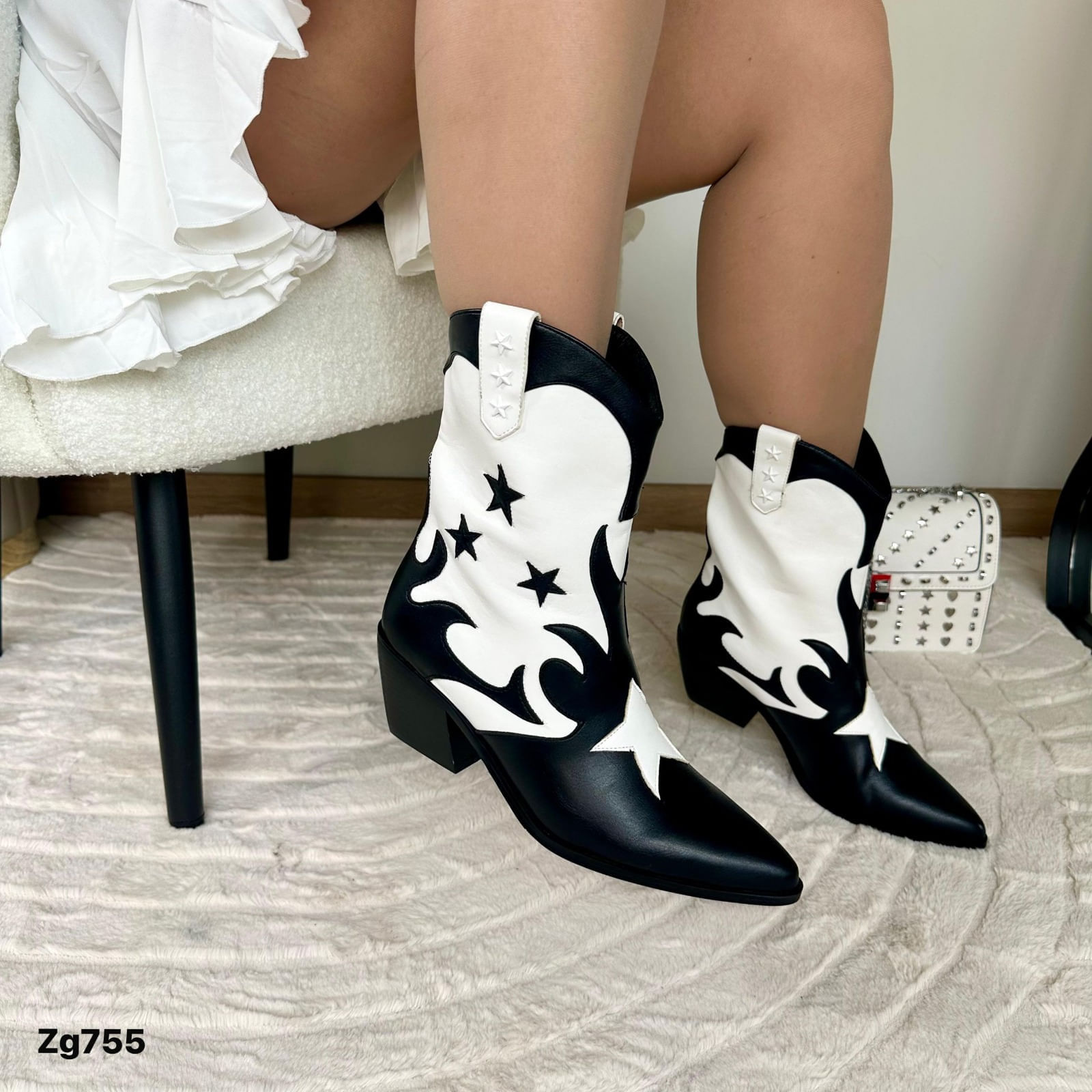 Botin texano blanco-negro tacon - Dekosas